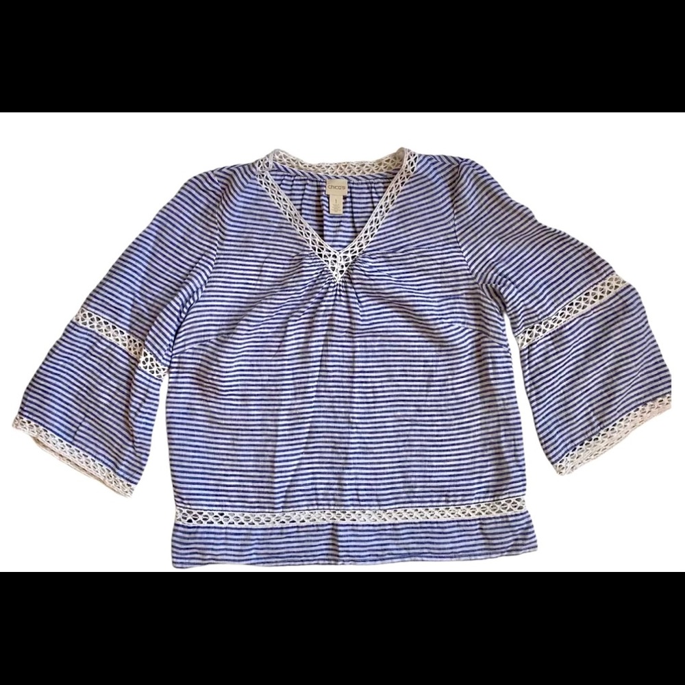 Chico’s Blue Mini Stripe Linen Popover V Neck Top Size 1